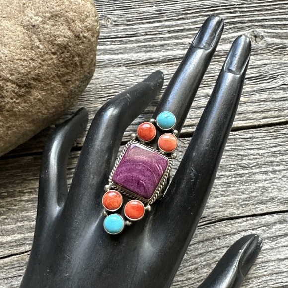 Navajo Sterling Silver Multi Stone Spiny Oyster Turquoise Ring Size 7.5 D Wylie - Picture 2 of 12